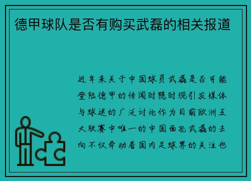 德甲球队是否有购买武磊的相关报道